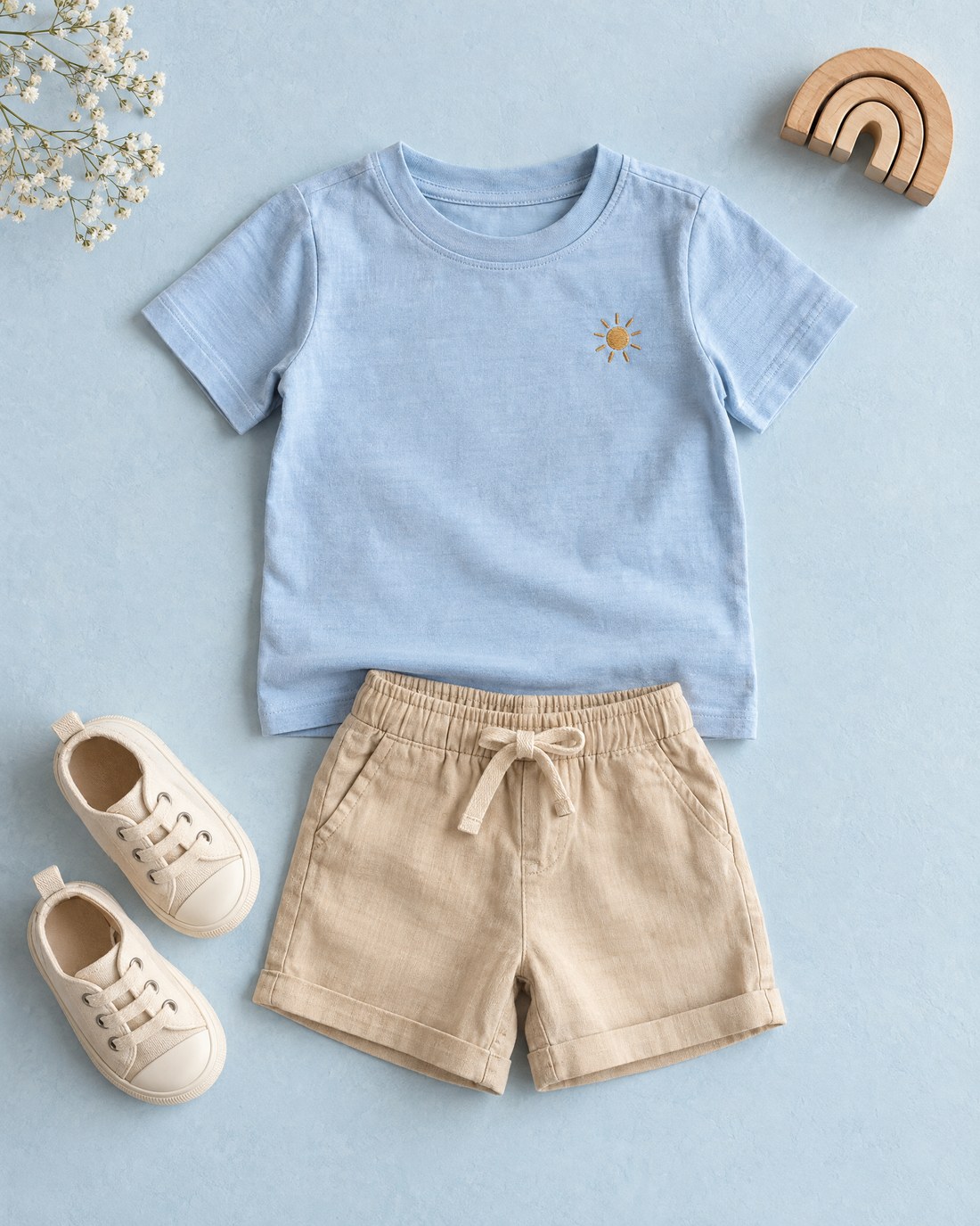 Look infantil azul e bege com camiseta e shorts