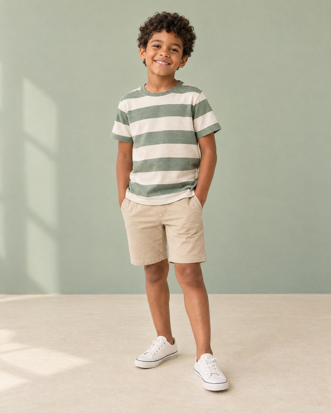 Menino com camiseta listrada verde e bermuda bege